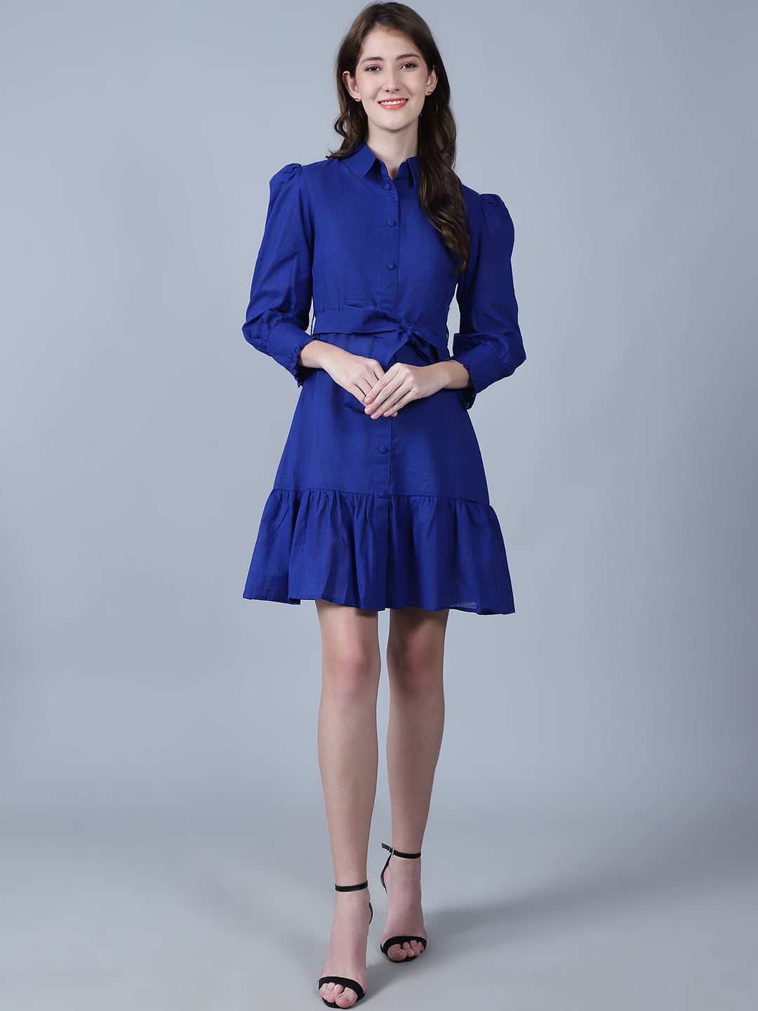 Puff Sleeves Cotton Shirt Dress