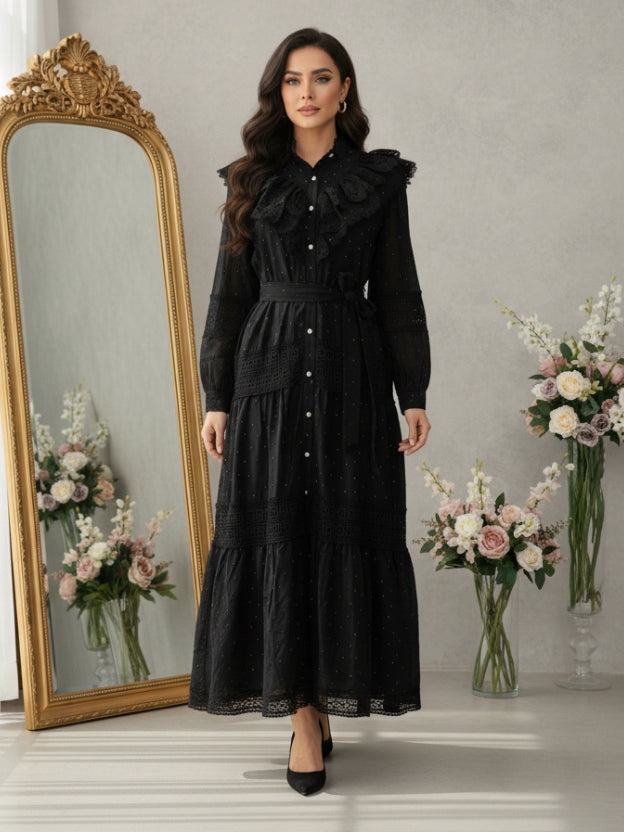 Lace Panel Tiered Midi Dress with Waist Tie