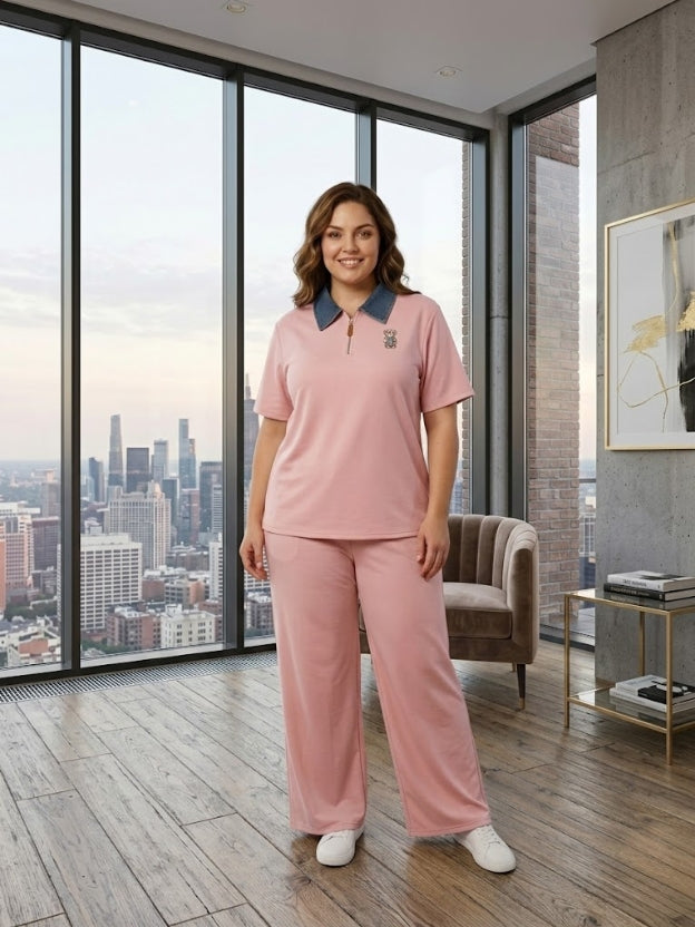 Chic Polo Collar Co-Ord Lounge Set with Wide-Leg Pants