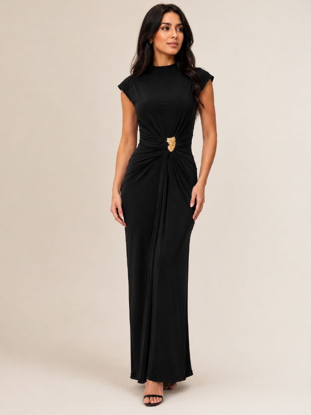 Women's Black Solid Maxi Bodycon Dress with Gold Brooch Detail | Elegant Evening Party Dress | Premium Stretch Long Dress