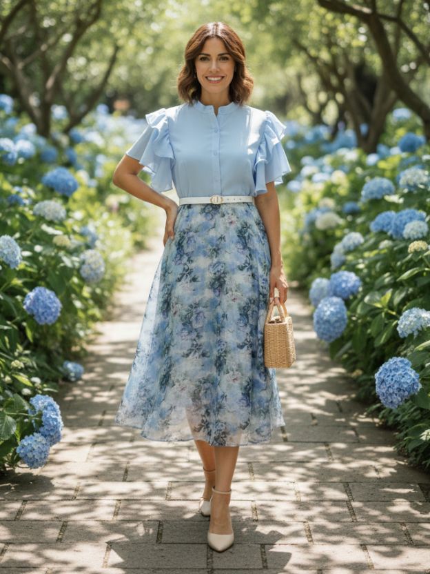 Elegant Floral Midi Dress with Soft Ruffle Details