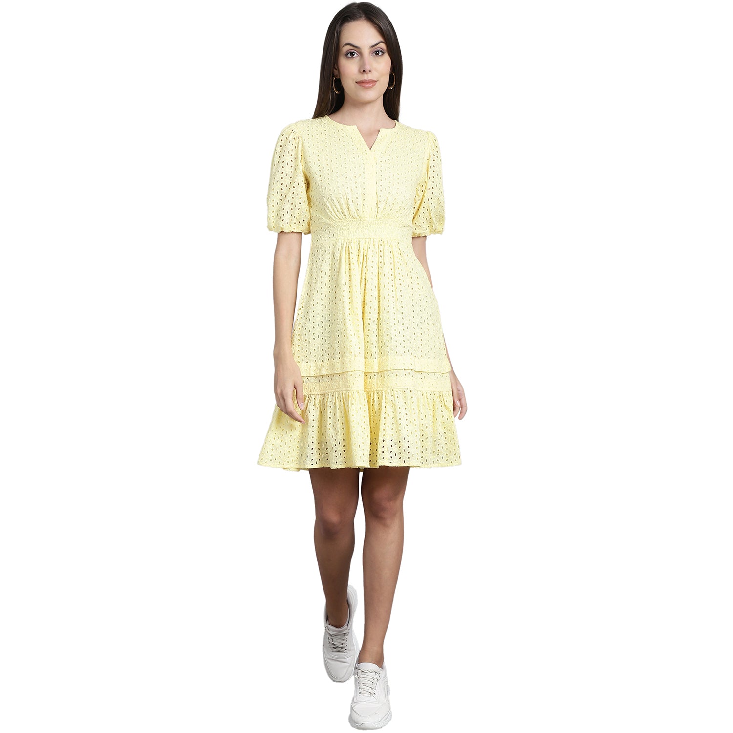 Women Embroidered Puff Sleeve Fit & Flare Dress