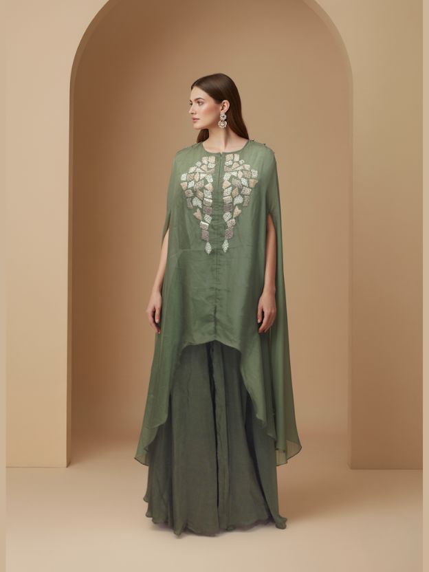 Elegant Sage Green Cape Coord Set with Floral Embroidery