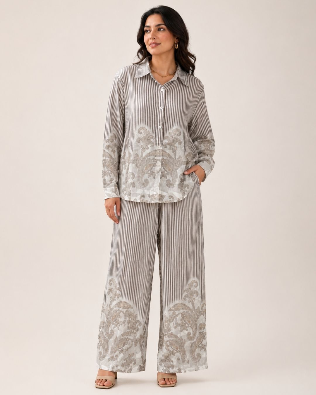 Women’s Striped Co-ord Set with Paisley Print | Button-Down Shirt & Wide Leg Pants
