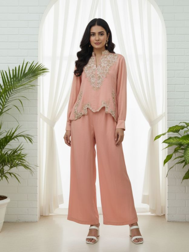 Blush Mirage Peach Embroidered Top with Scalloped Hem & Wide-Leg Pants Co-ord Set