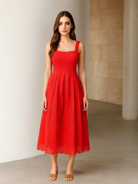 Reagan Red Organic Hakooba Schiffli Midi Dress