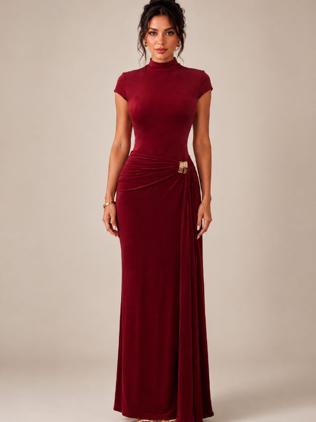 Women's Elegant Mock Neck Ruched Maxi Dress with Gold Buckle Detail | Bodycon Evening Party Gown | Wine Brown