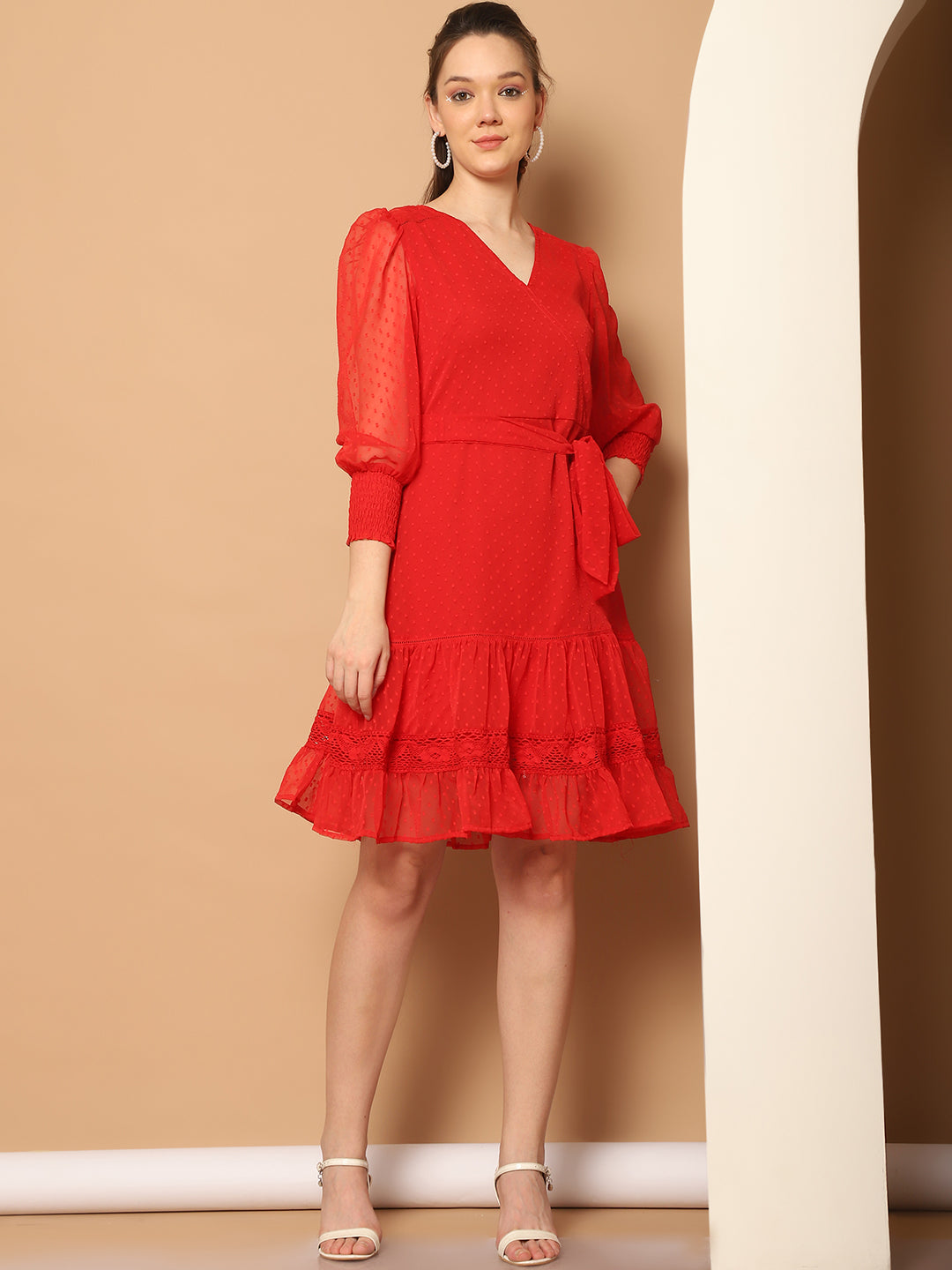 Puff Sleeve Ruffled Georgette Fit & Flare Dress
