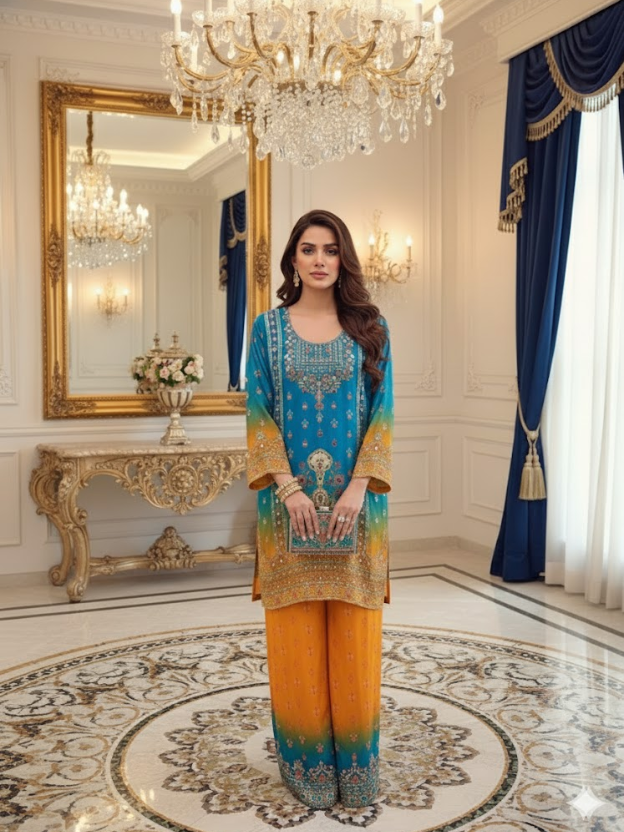 Azure Sunset Embroidered Crepe Ensemble