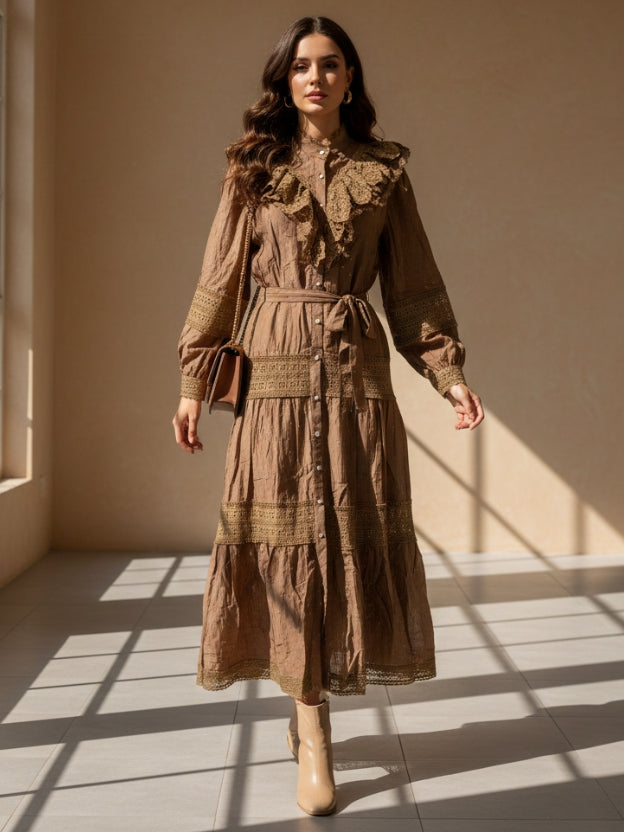 Lace Panel Tiered Midi Dress with Waist Tie