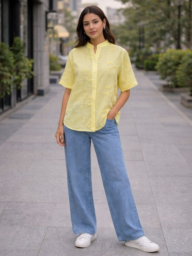 Women’s Embroidered Cotton Shirt – Summer Casual Short Sleeve Button Down Top