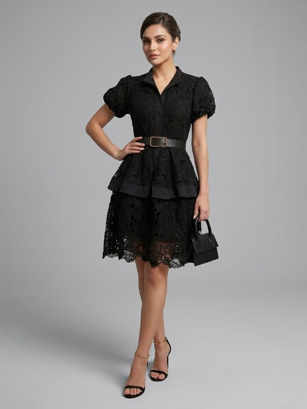 Vintage-Inspired Lace Button-Down Dress with Belt - Romantic Peplum Midi