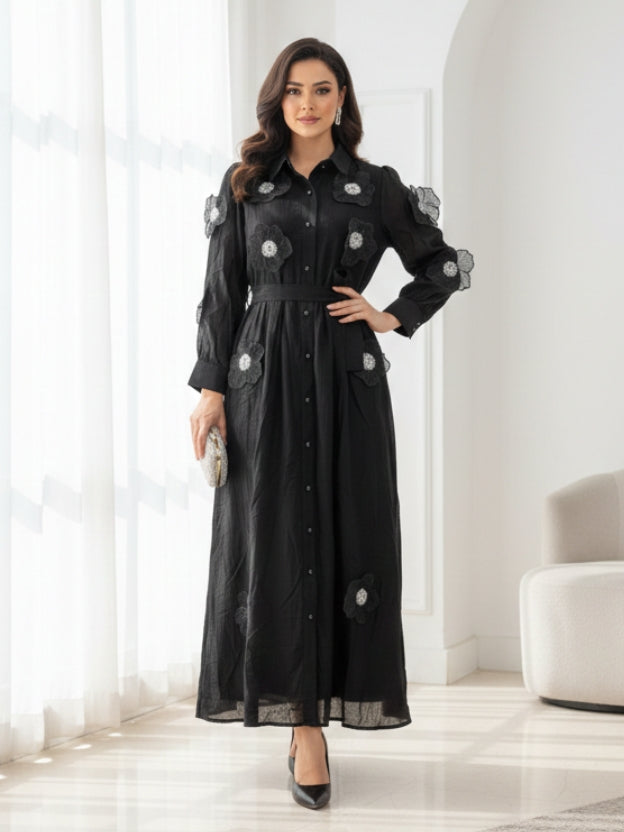 Floral Appliqué Sheer Midi Dress with Belt