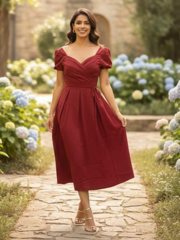 Elegant Burgundy Midi Dress for Women – Puff Sleeve Sweetheart Neckline Party Dress