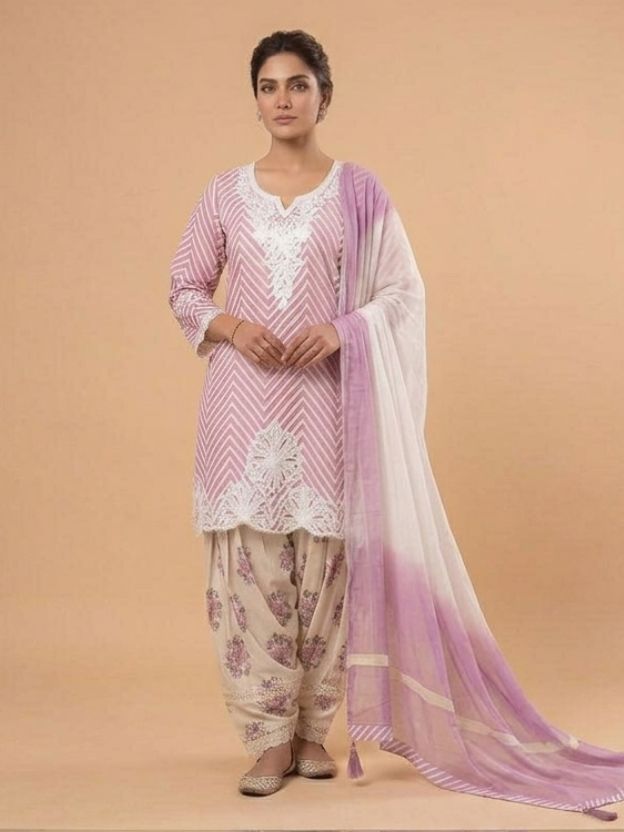 Elegant Pastel Pink Embroidered Kurta Set with Printed Salwar & Ombre Dupatta