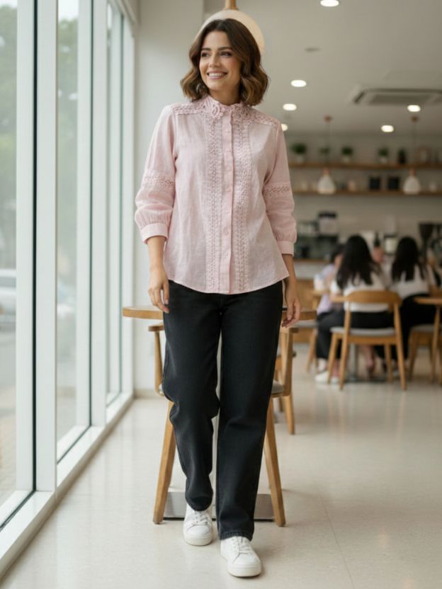 Elegant Lace Panel Button-Down Blouse