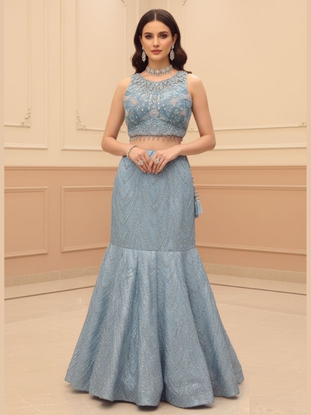 Stunning Sky blue mermaid Lehnga with Jacket set