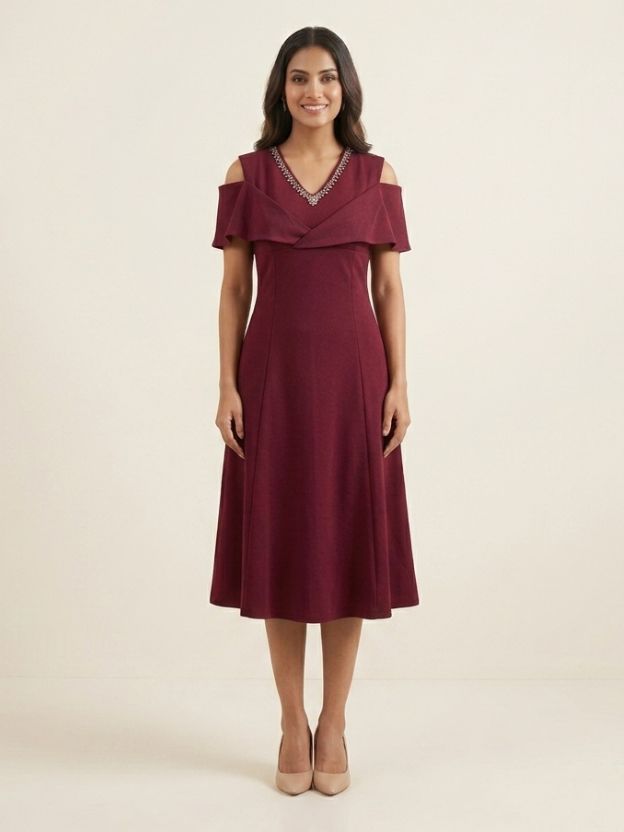 Velvet Whisper Cold-Shoulder Midi Dress