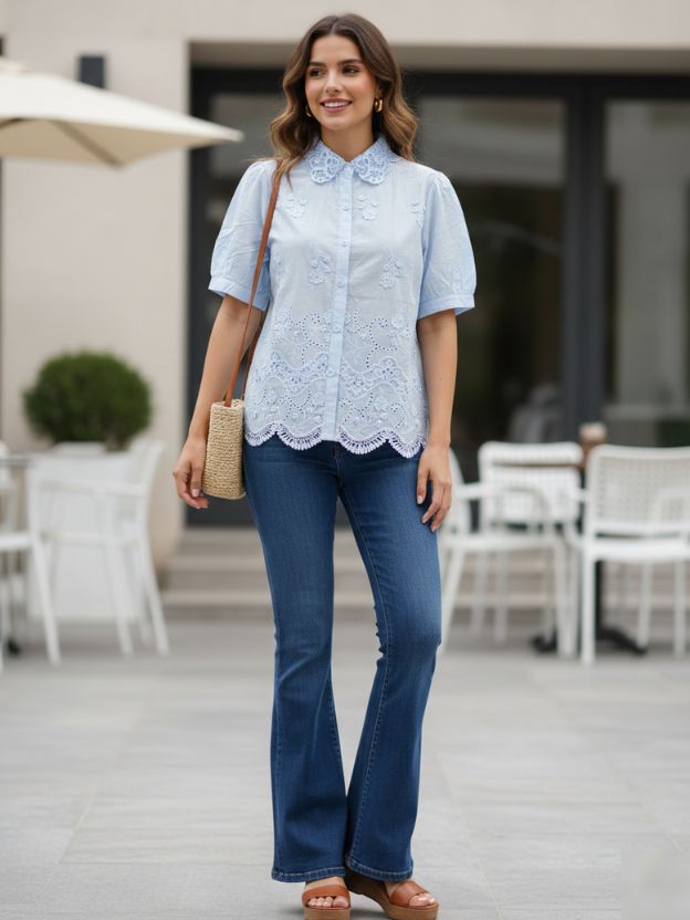 Elegant Embroidered Scalloped Hem Shirt