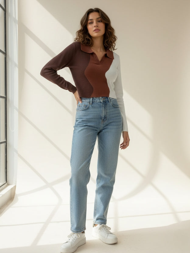 Stylish Colorblock Collared Knit Top for Women – Smart Casual Pullover