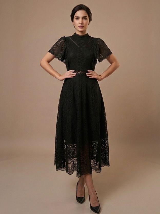 Elegant Lace Fit & Flare Midi Dress with Sheer Sleeves