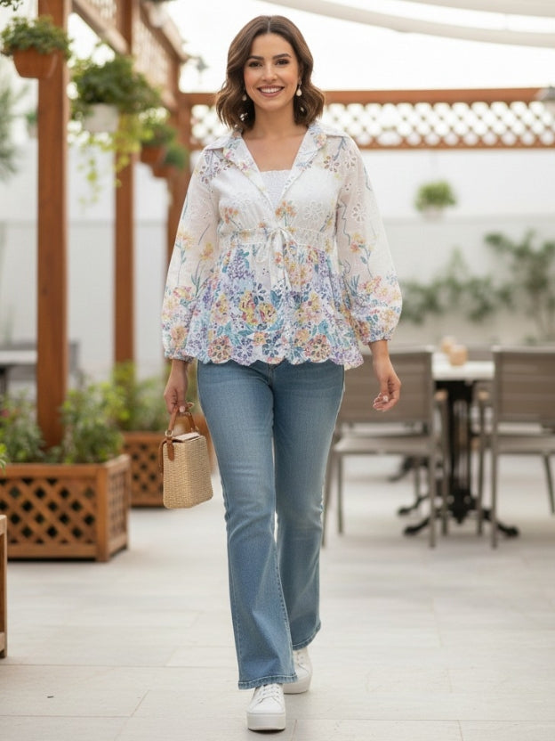 Sheer Floral Lace Tie-Front Peplum Shirt