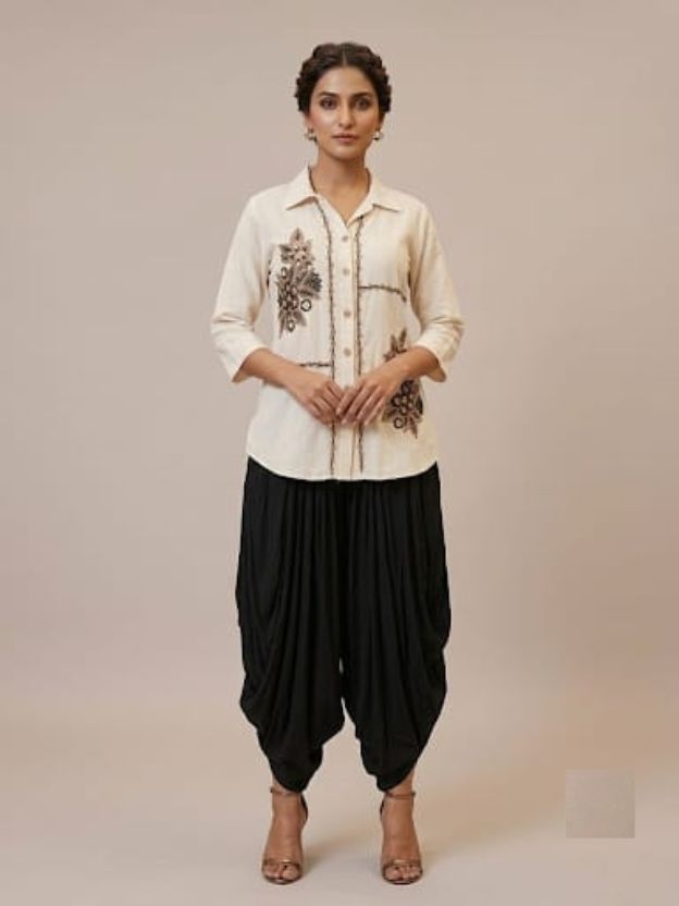 Indo-Western Harem Pant Set – Embroidered Shirt & Draped Bottoms