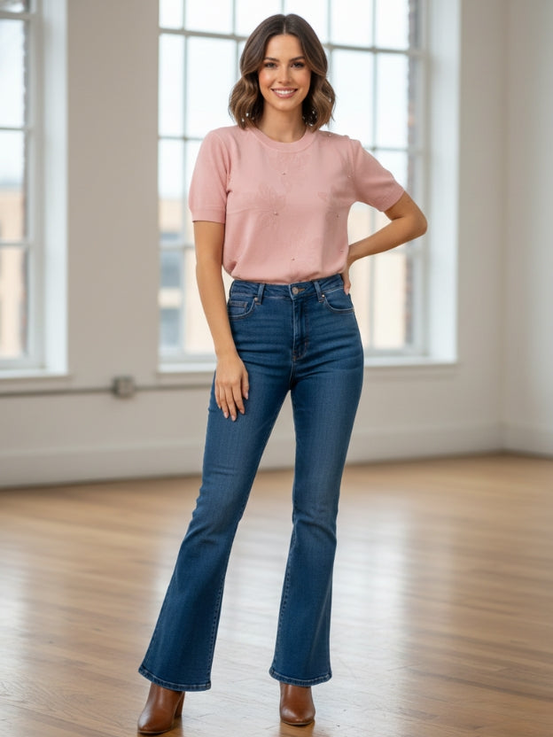 Blush Pink Pearl Detail Knit Top for Women