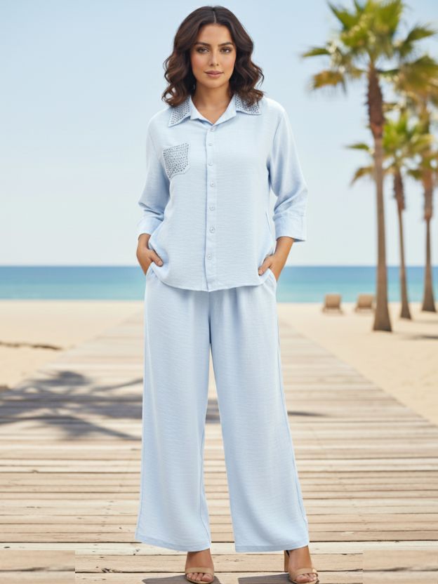 Luxe Co-ord Set With Crochet Coullerr Hand Pocket Detalling