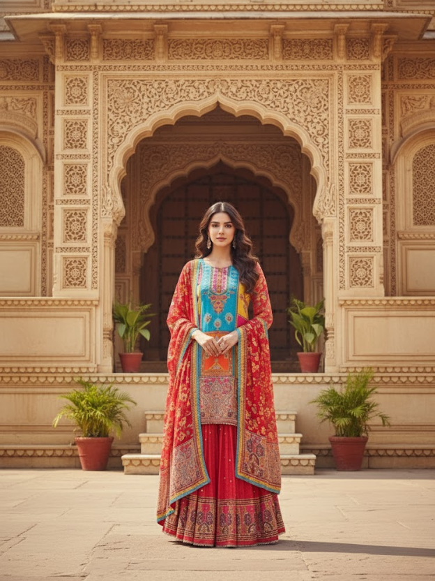 Royal Red & Blue Printed Sharara Set with Dupatta