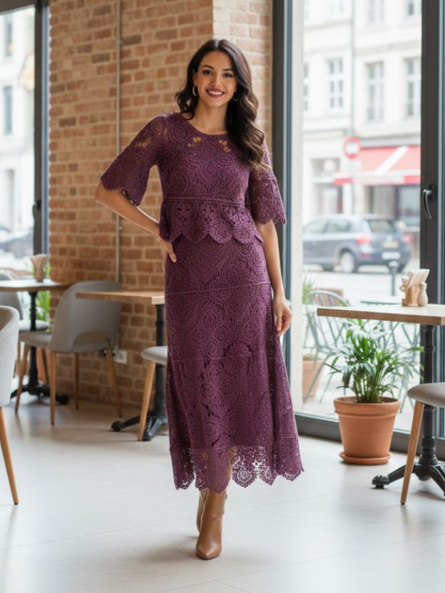 Elegant Lace Peplum Top with Coordinated Midi Skirt Set