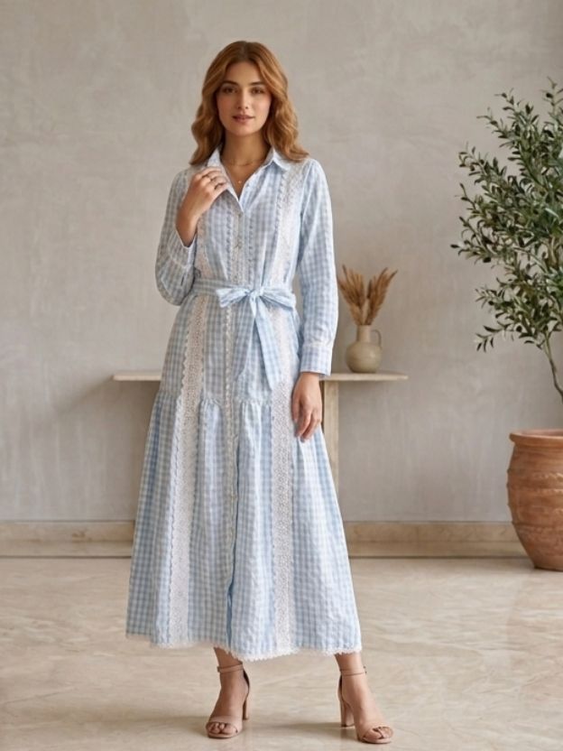 Elegant Gingham Shirt Dress with Lace Panel Detailing