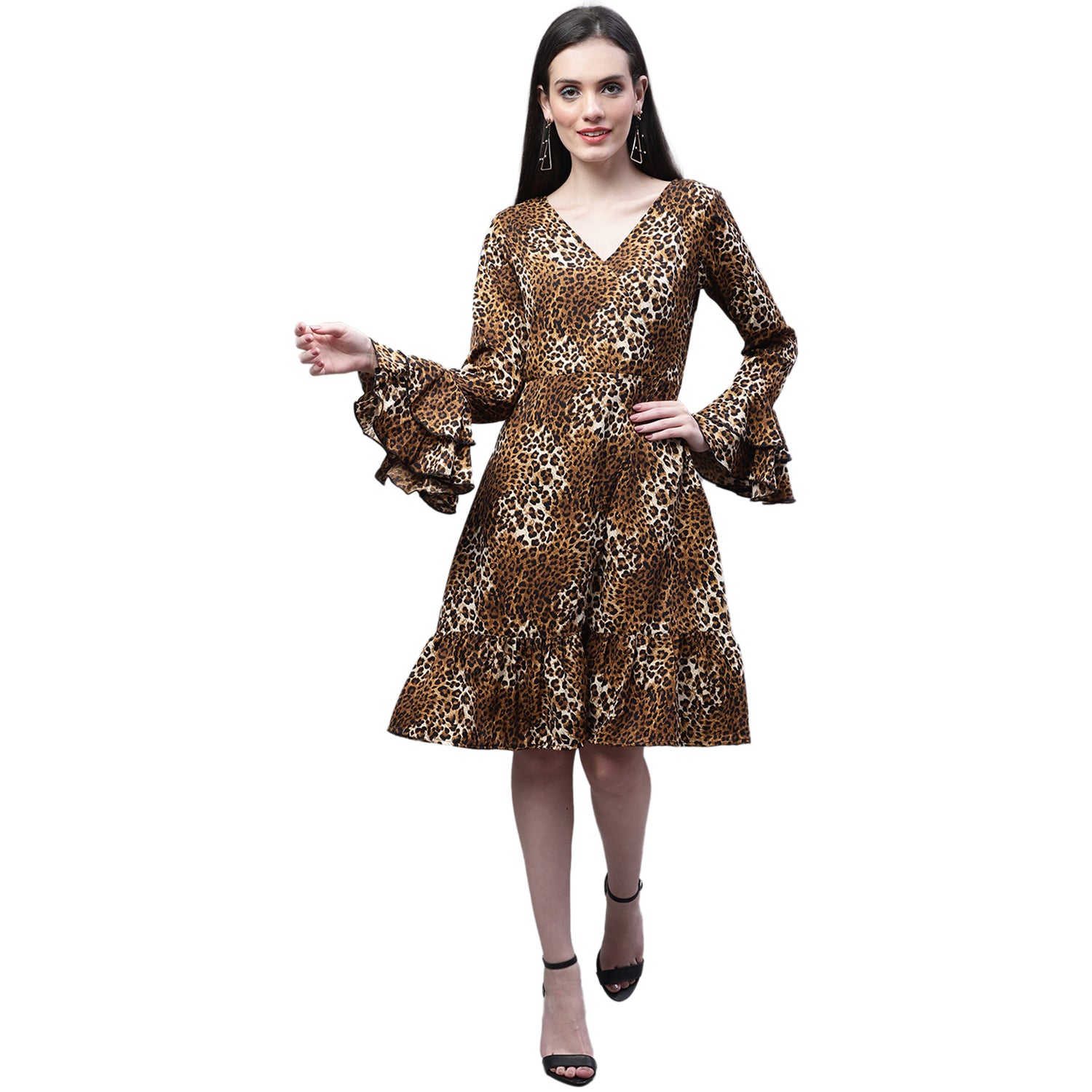 Animal Print Bell Sleeves Ruffled Crepe Dress