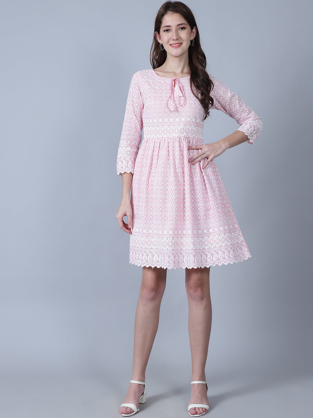 Geometric Embroidered Keyhole Neck Fit & Flare Dress