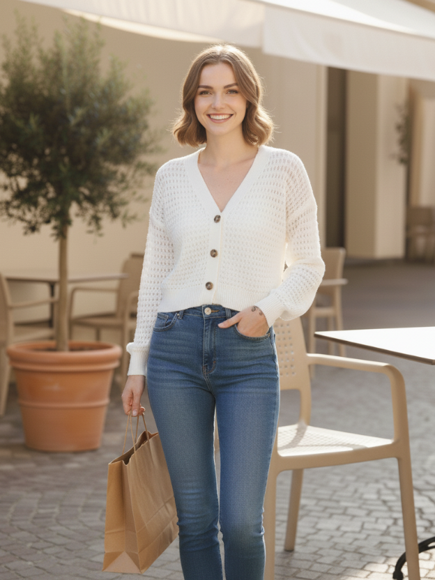 White button-down knit top