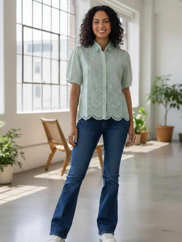 Elegant Embroidered Scalloped Hem Shirt