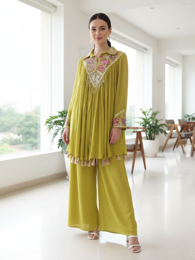 Anaya Bloom Essence Festive Lime Green Embroidered Co-ord with Tassel Detailing Co-ord Set