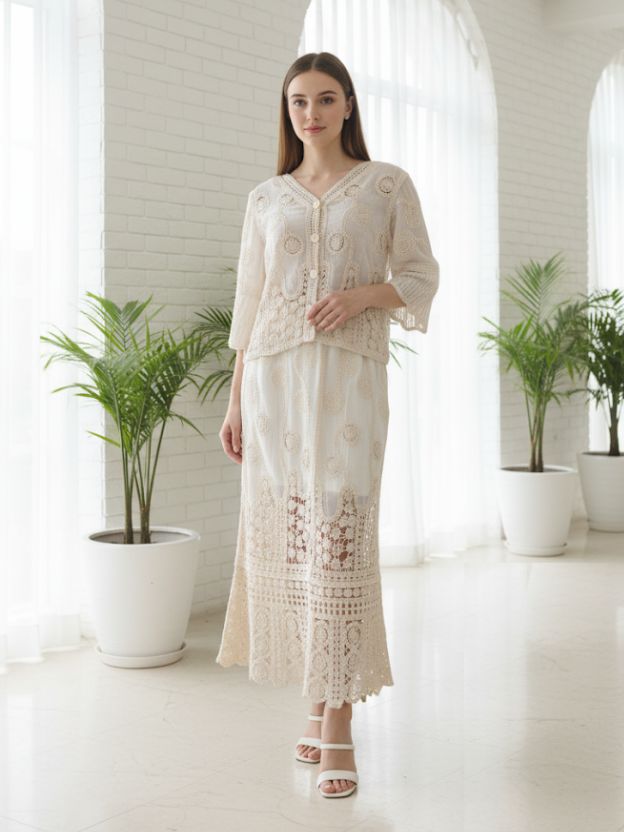 Ivory Whisper Crochet V-Neck Top with Matching Long Skirt – Co-ord Set