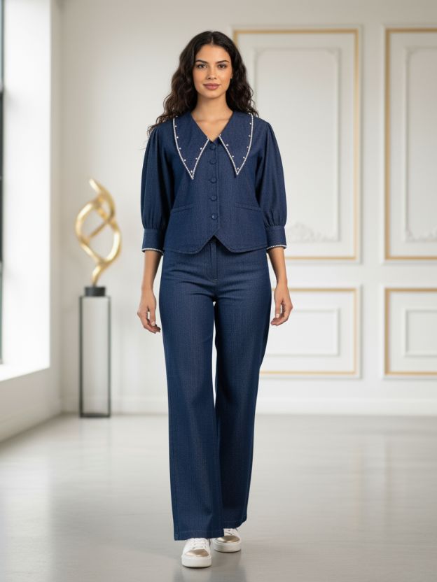 Elegant  Blue denim Women’s Co-Ord Set