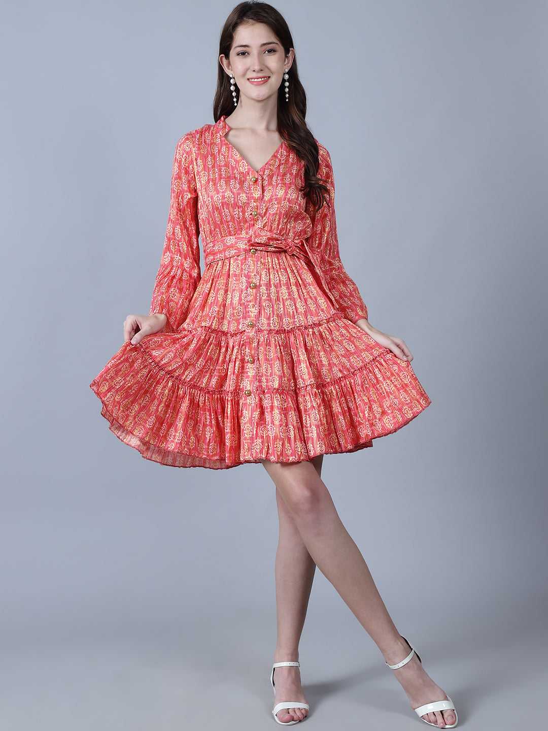 Floral Printed Bell Sleeves Cotton Fit & Flare Dress