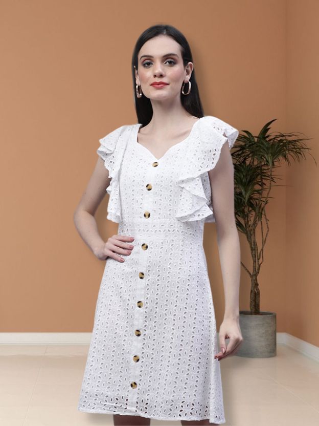Self Design Flutter Sleeves Cotton A-Line Dress