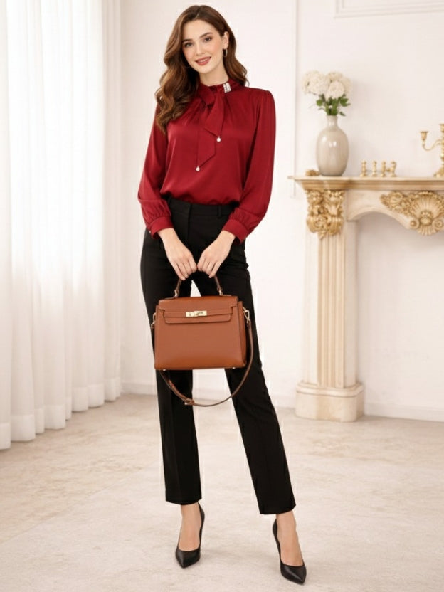 Elegant Tie-Neck Pearl Satin top