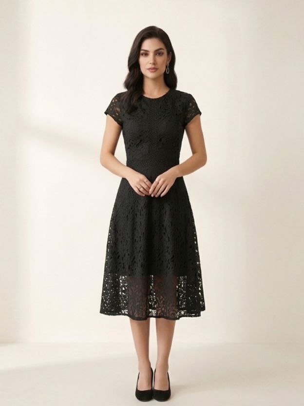 Elegant Lace Fit & Flare Midi Dress for Women