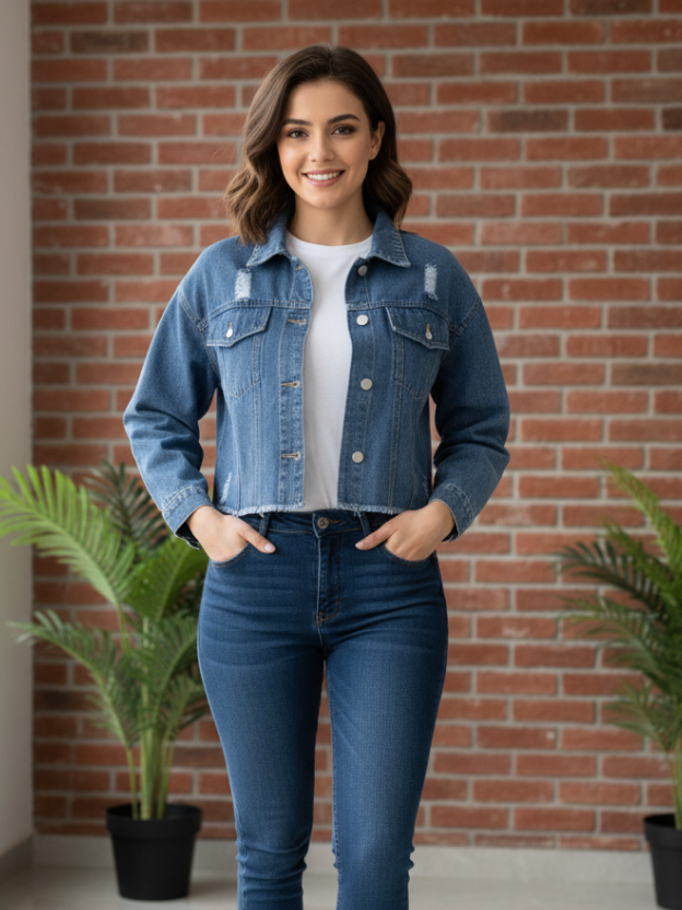 Cropped Distressed Denim Jacket