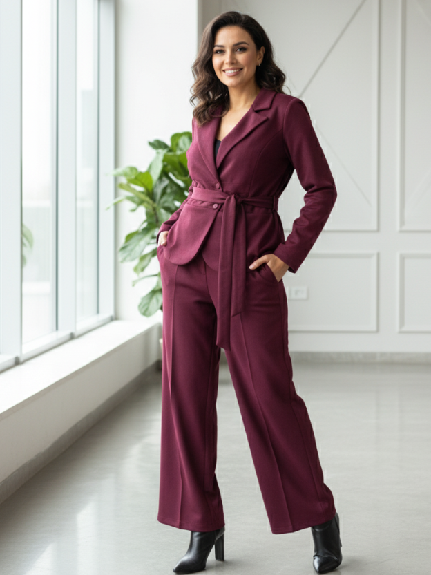 Burgundy Wide-Leg Trouser Suit with Tie Waist