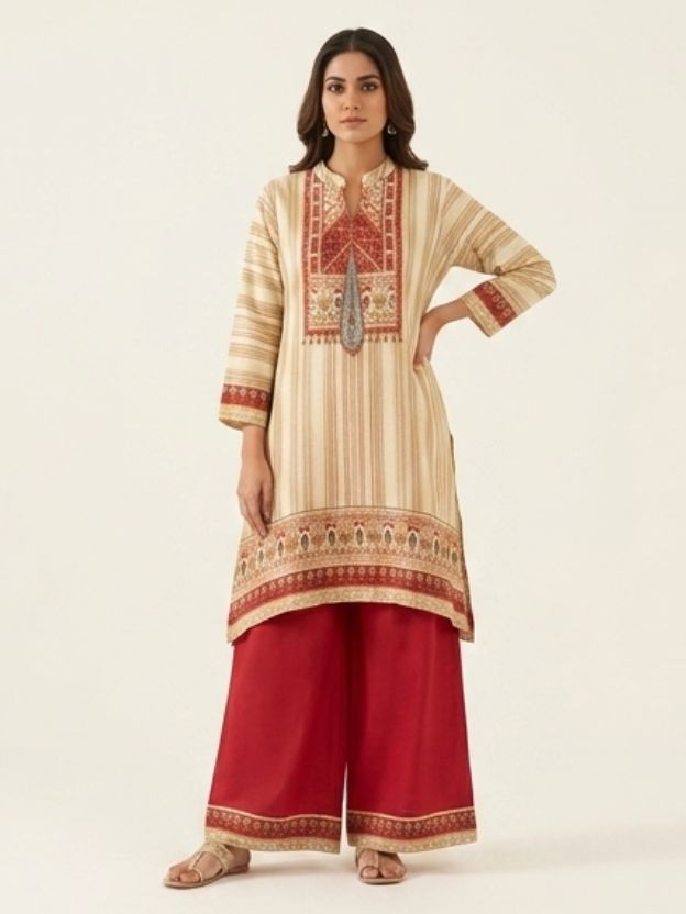 Elegant Beige & Red Ethnic Co-Ord Set with Embroidered Kurta