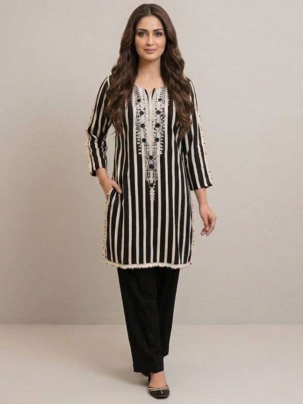 Elegant Striped Embroidered Co-Ord Set