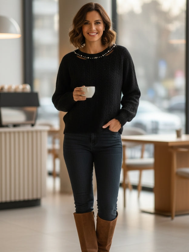 Classy Black Winter Sweater – Elegant Beaded Neck Women’s Top