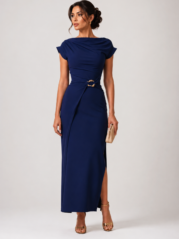 Women's Elegant Cowl Neck Midi Dress with Side Slit & Waist Buckle | Party, Cocktail & Evening Dress