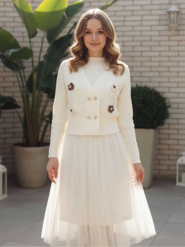 Soft knitted sweater features delicate pearl